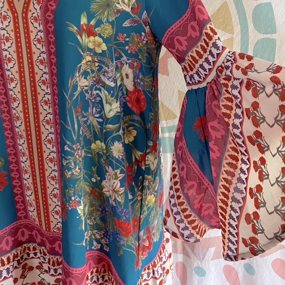 Colorful Floral Design Symmetrical Dress